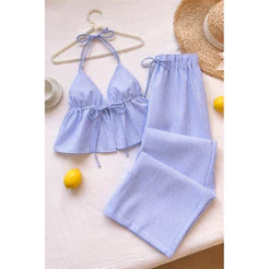 Conjunto Cropped Regata Feminina Casual com Pescoço em Halter e Amarração Nas Costas Cropeed