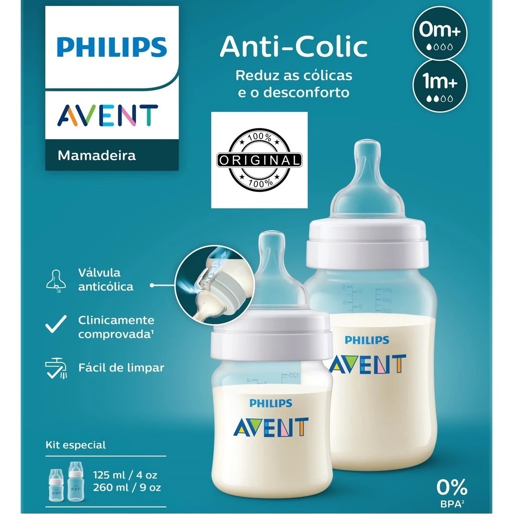 Kit 2 Mamadeiras Avent Clássica Anti-Colic 125ml + 260ml Transparente 0M+ 1M+