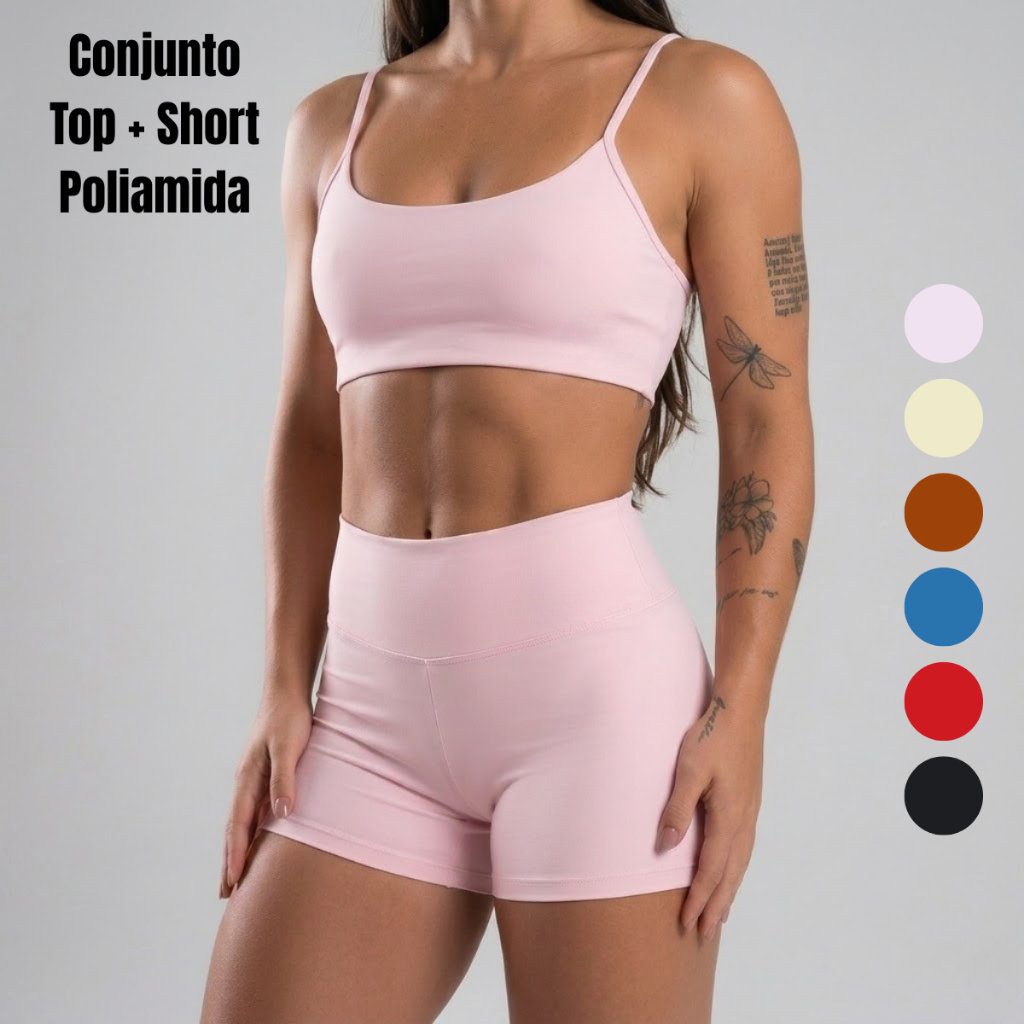 Conjunto Fitness Feminino Poliamida Short e Top Academia Zero Transparência Alta Compressão Não Marca Confortável