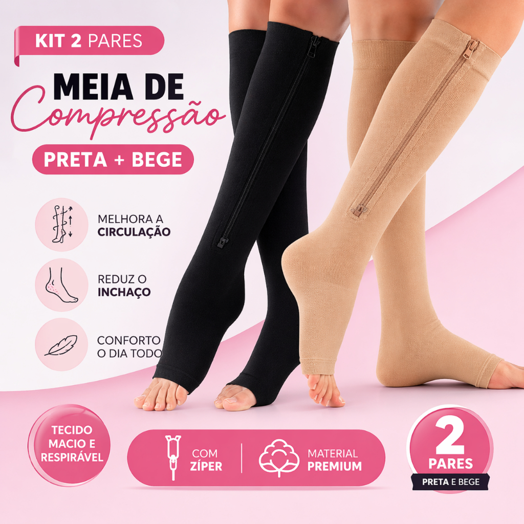 Kit 2 Pares de Meias de Compressão 3/4 Circulação Varizes Inchaço Pernas Cansada Edema Ortopédica Trombose Unissex