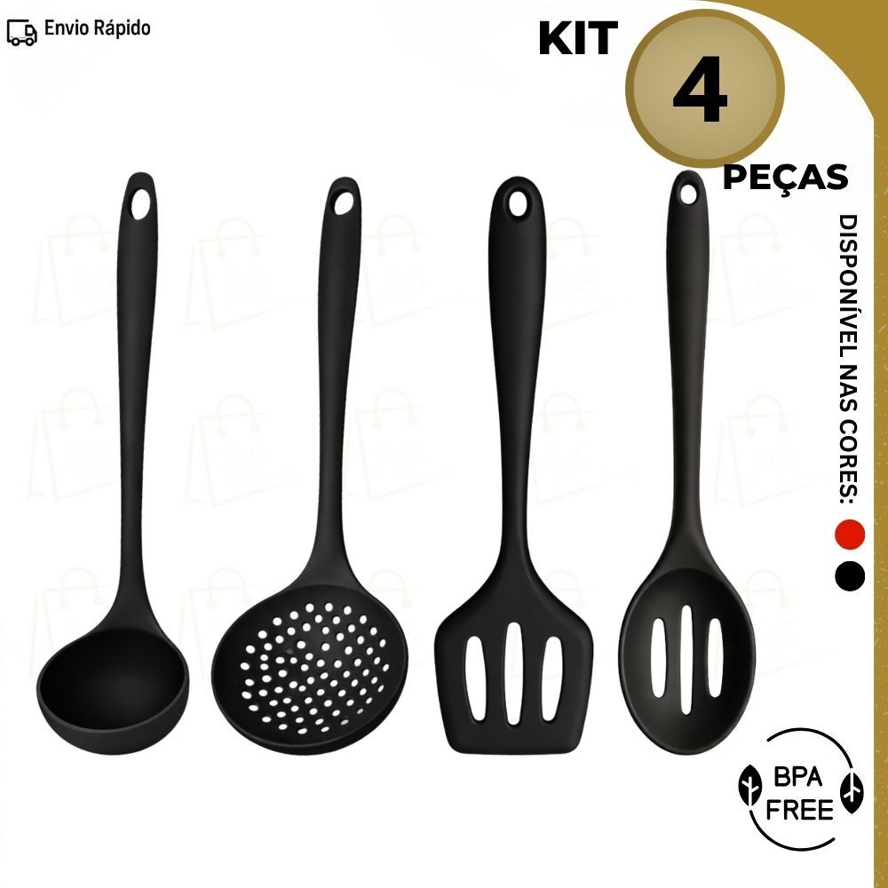 Kit 4  5 ou 6 Utensílios de Silicone para Cozinha Preto Vermelho Resistente Antiaderente BPA Livre