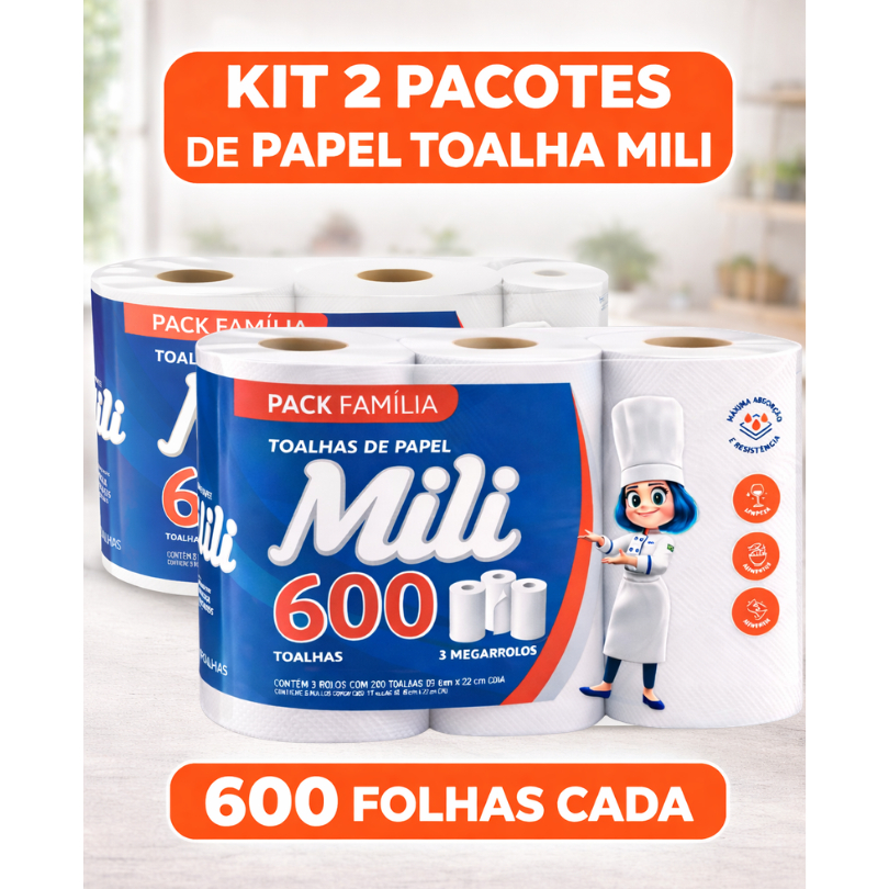 2 kits Papel Toalha Multiuso Com 600 Folhas cada Super Absorvente Mili