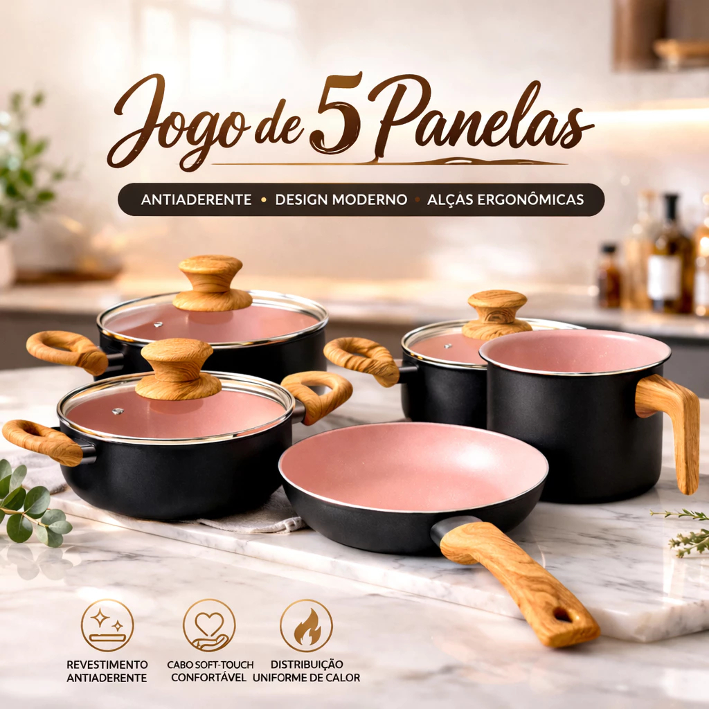 Imagem Jogo de Panela 5 Peças Antiaderente Premium Indução Com Cabo de Madeira