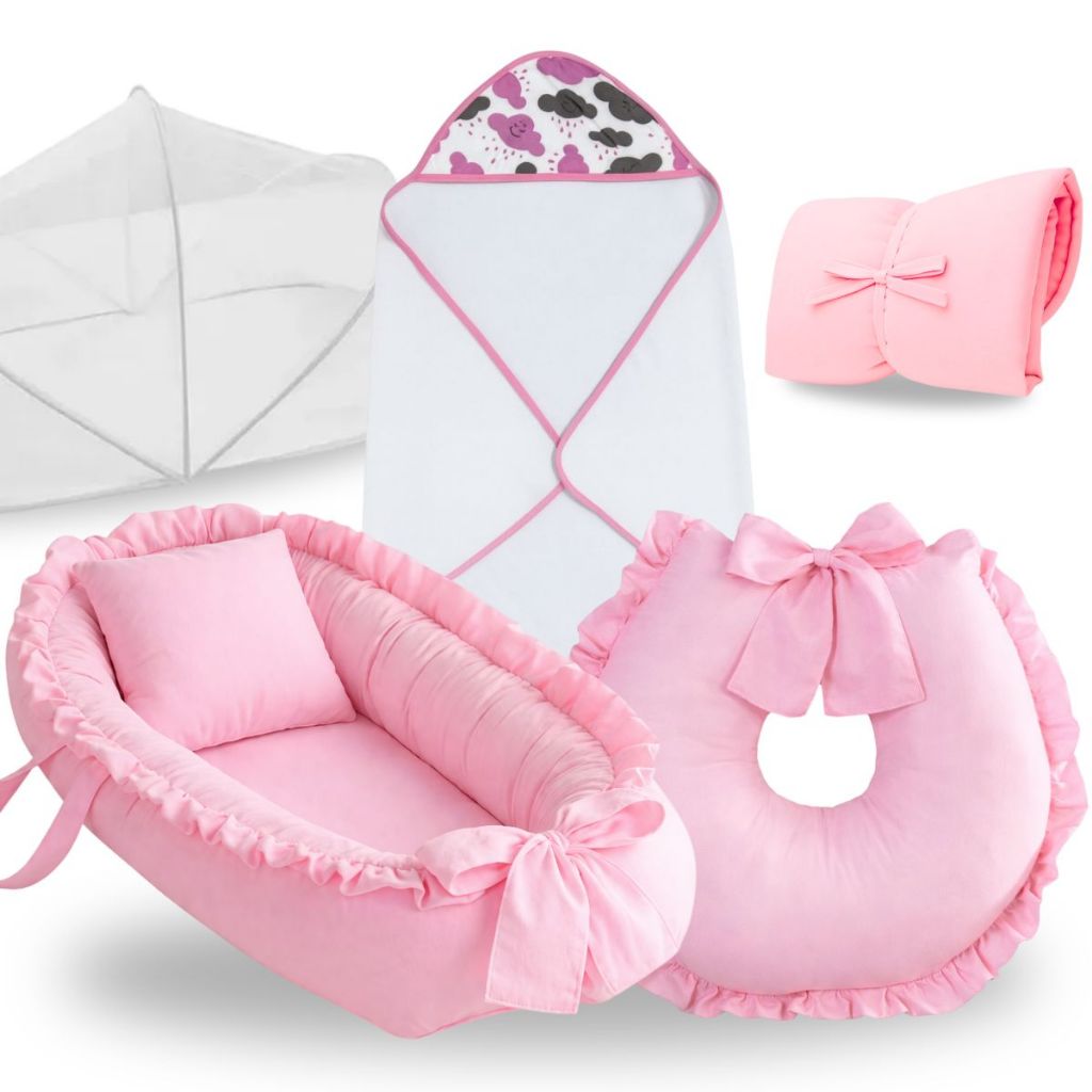 Ninho Redutor de Berço Para Bebe Almofada Amamentação Toalha Banho Trocador Mosquiteiro Kit Rosa
