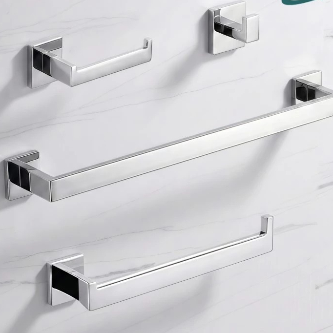 Kit Acessórios Banheiro 4 Peças Inox Quadrado Toalheiro 60cm Premium Luxo Cromado Antiferrugem preto