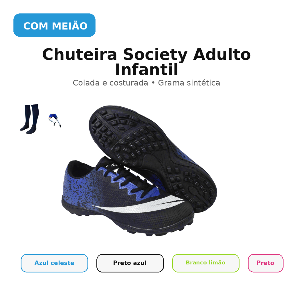 Chuteira Society Adulto Infantil com Meião Perflex Colada e Costurada em Oferta na Shopee