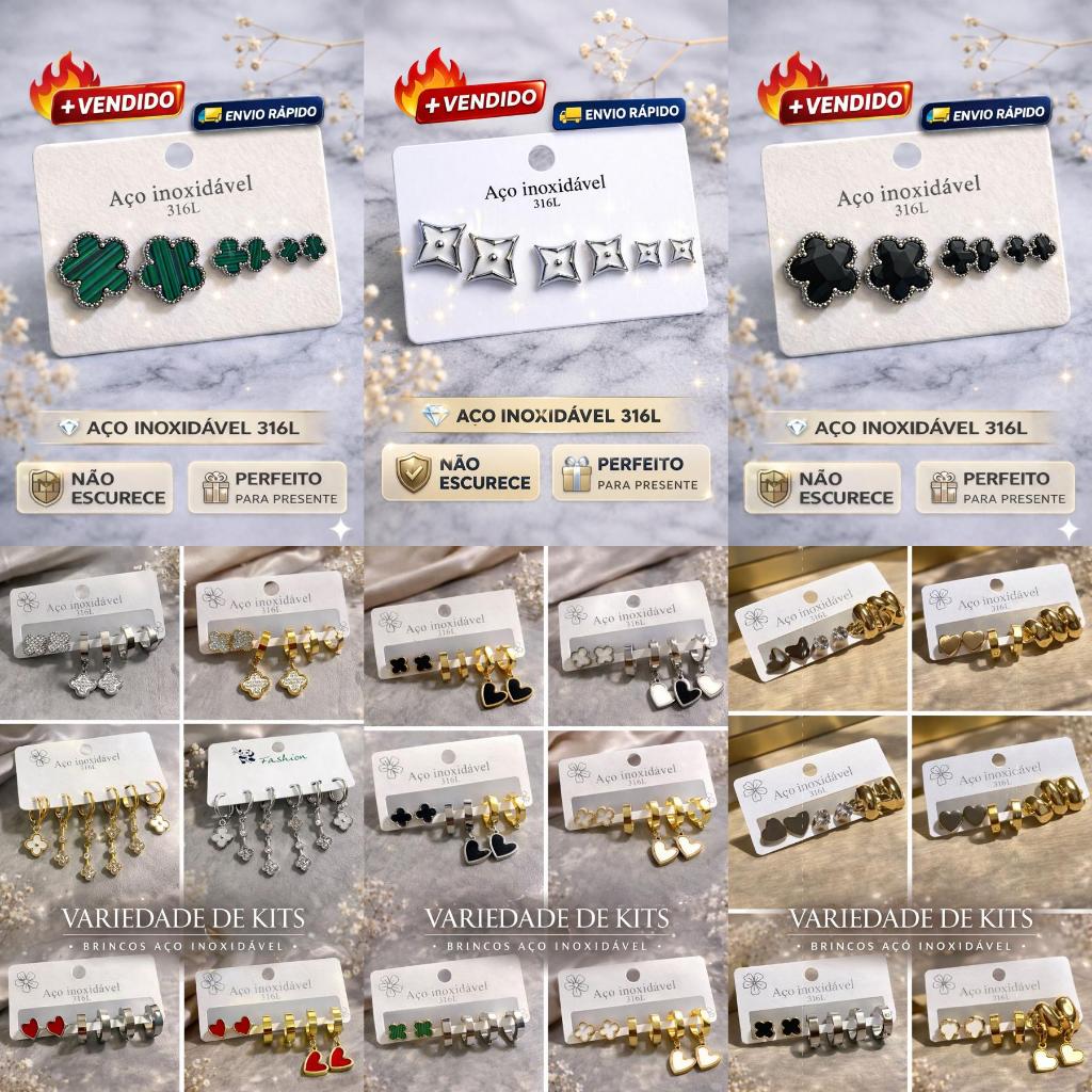 Kit Trio Brincos - Prata ou Dourado - Aço Inoxidável, Não Escurece, Alta Qualidade e Durabilidade - Exclusivos e Moderno