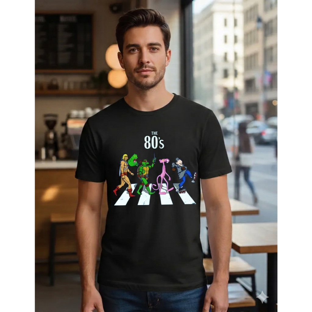 Camiseta Adulto Masculino Anos 80 Nostalgia He man Tartaruga ninja Pantera Cor De Rosa Desenho Personagens Estampado