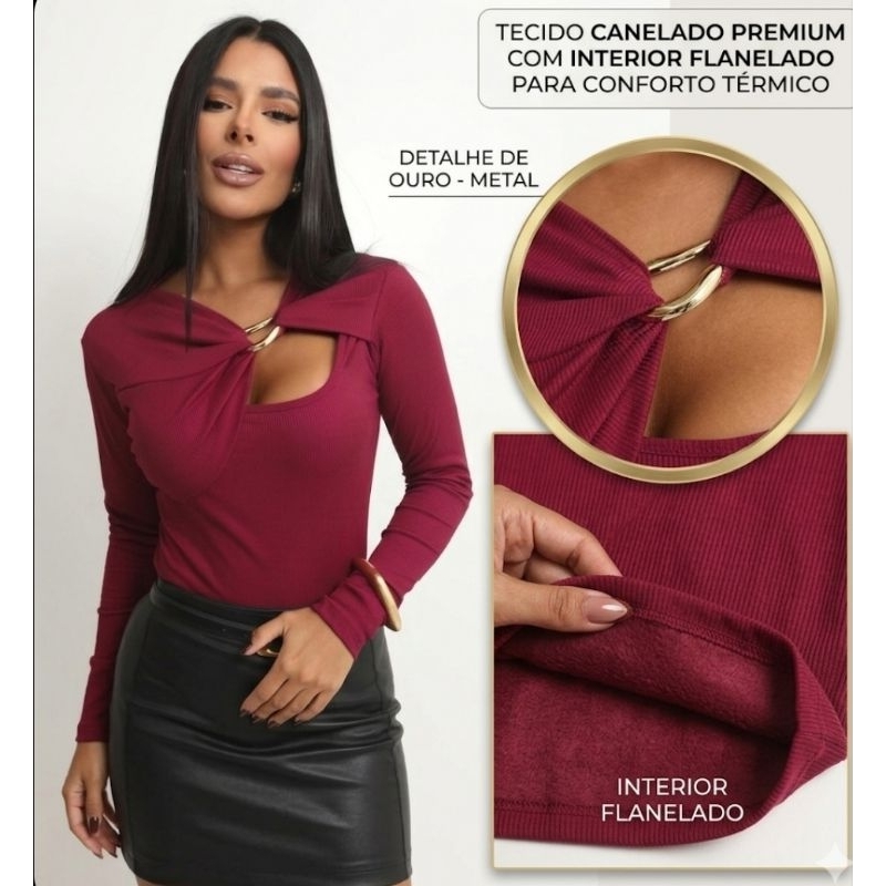 Blusa Feminina Manga Longa Tecido Canelado Flanelado Termico Assimétrica Com Recorte Elegante Detalhe Organico Dourado