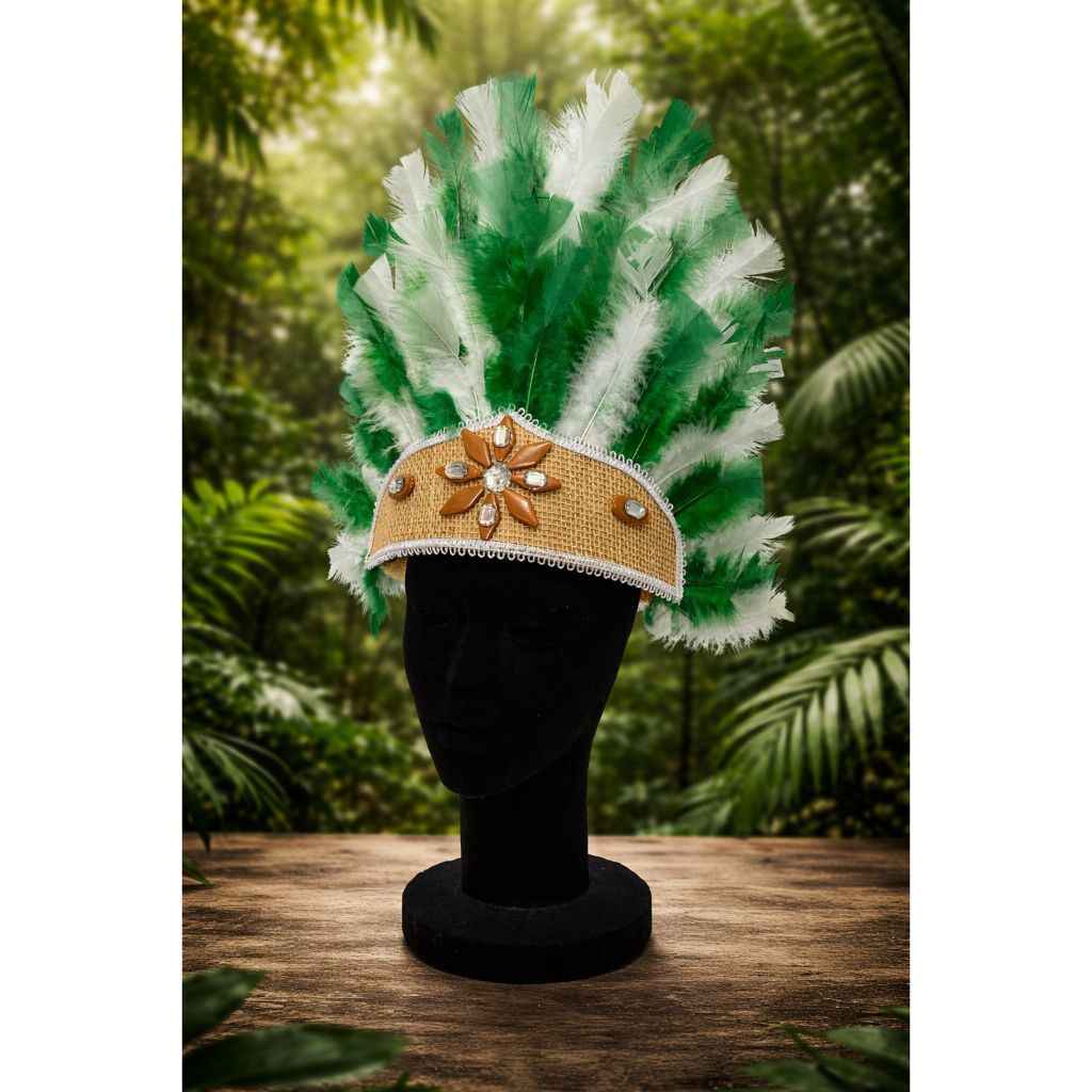 Penacho Cocar com Verde com Branco - Umbanda Candomblé