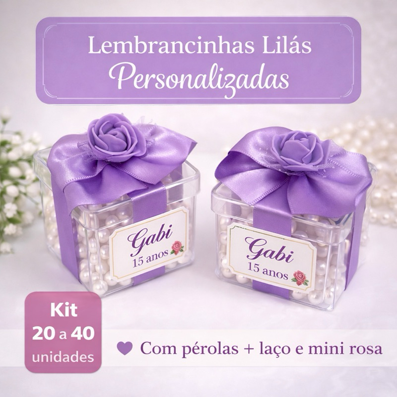 Kit 20 a 40 Lembrancinhas 15 anos - Personalizadas Lilás | Caixinha com Pérolas e Rosa | 15 Anos Aniversário Luxo