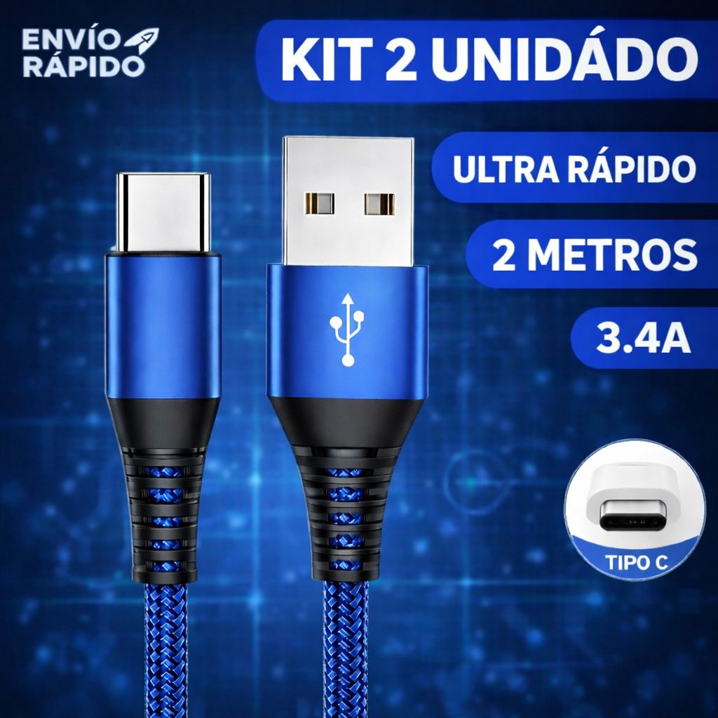 Kit 2 Cabo Tipo C Carregador Usb Ultra Rápido Reforçado Nylon 2 Metros