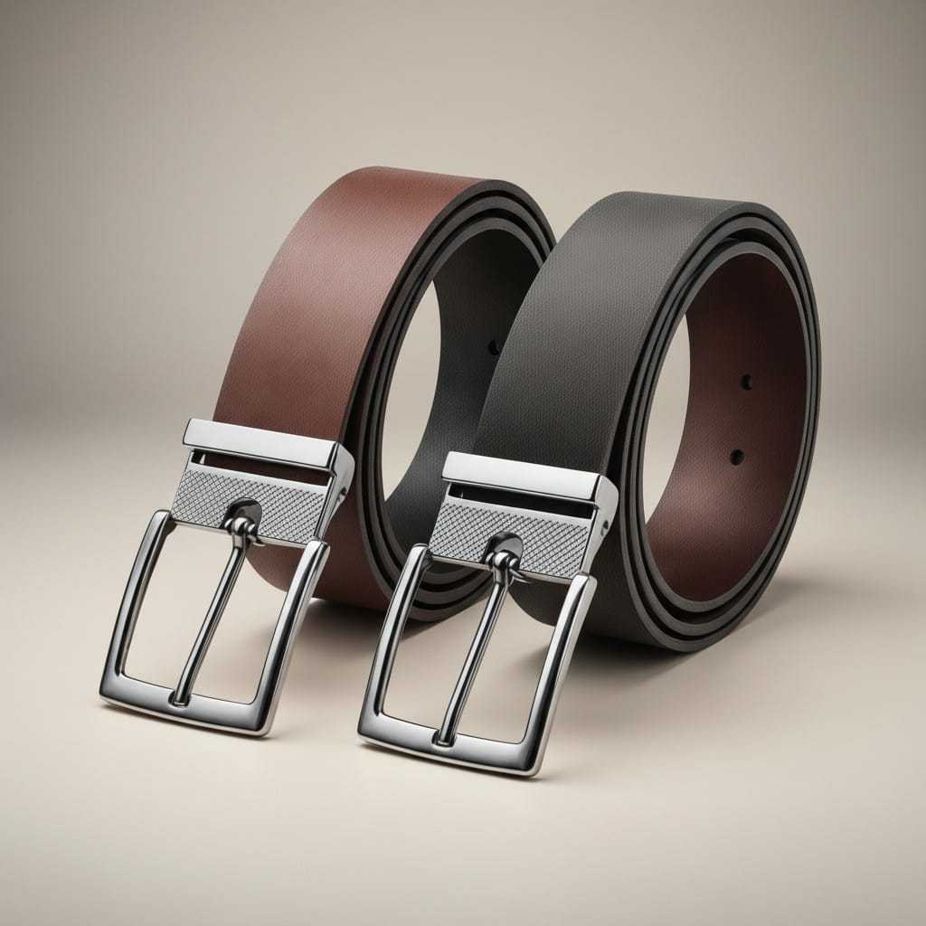 Detalhes do Cinto Masculino Social Dupla Face Largo Couro Ecológico Premium Alta Qualidade 2 em 1 Preto e Marrom