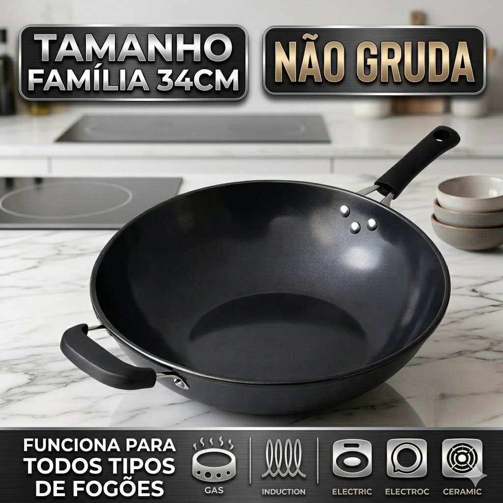 Imagem Frigideira Antiaderente Profissional 34cm Indução Grande Reforçada Wok Yakissoba Frutos Mar Gourmet