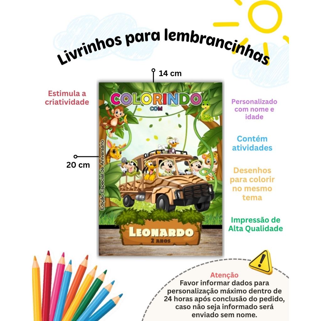 Livro de Colorir com Atividades Mickey Safari Personalizado Lembrancinha de Aniversário Infantil - Todos os Temas