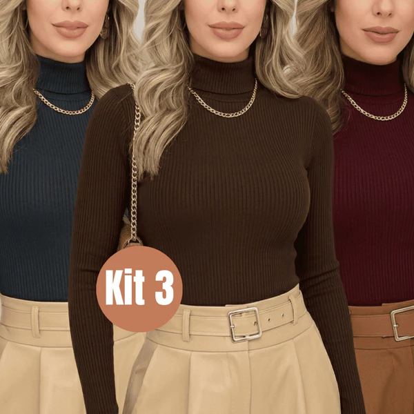 Kit 3 Blusa Feminina Canelada Gola Alta Manga Longa Inverno Blusas Femininas