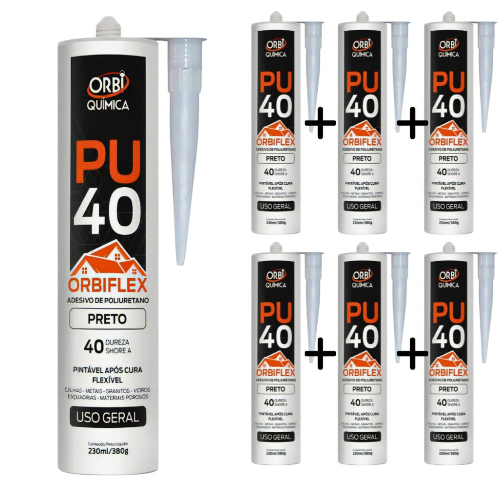 kit 6 Selante PU40 Preta ORBI Química Cola Poliuretano 360g Alta Resistência Veda Calha Cuba Mármore
