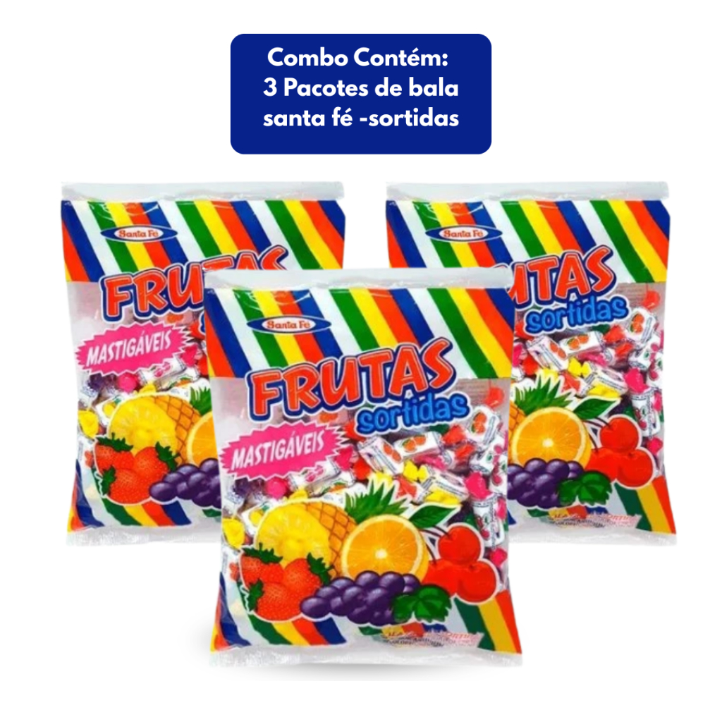 Combo 3 Pacotes Bala Mastigável Sortidas Santa Fé 500g