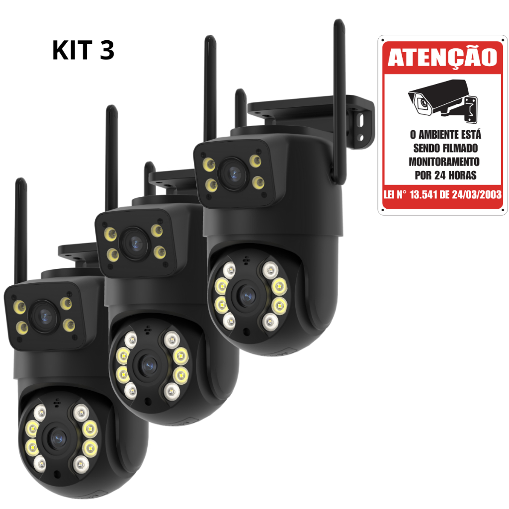 Kit 3 Câmera Externa Ip a Prova D'água Wifi Dupla 2 Em 1 Visão Noturna Infravermelho para Vigilância
