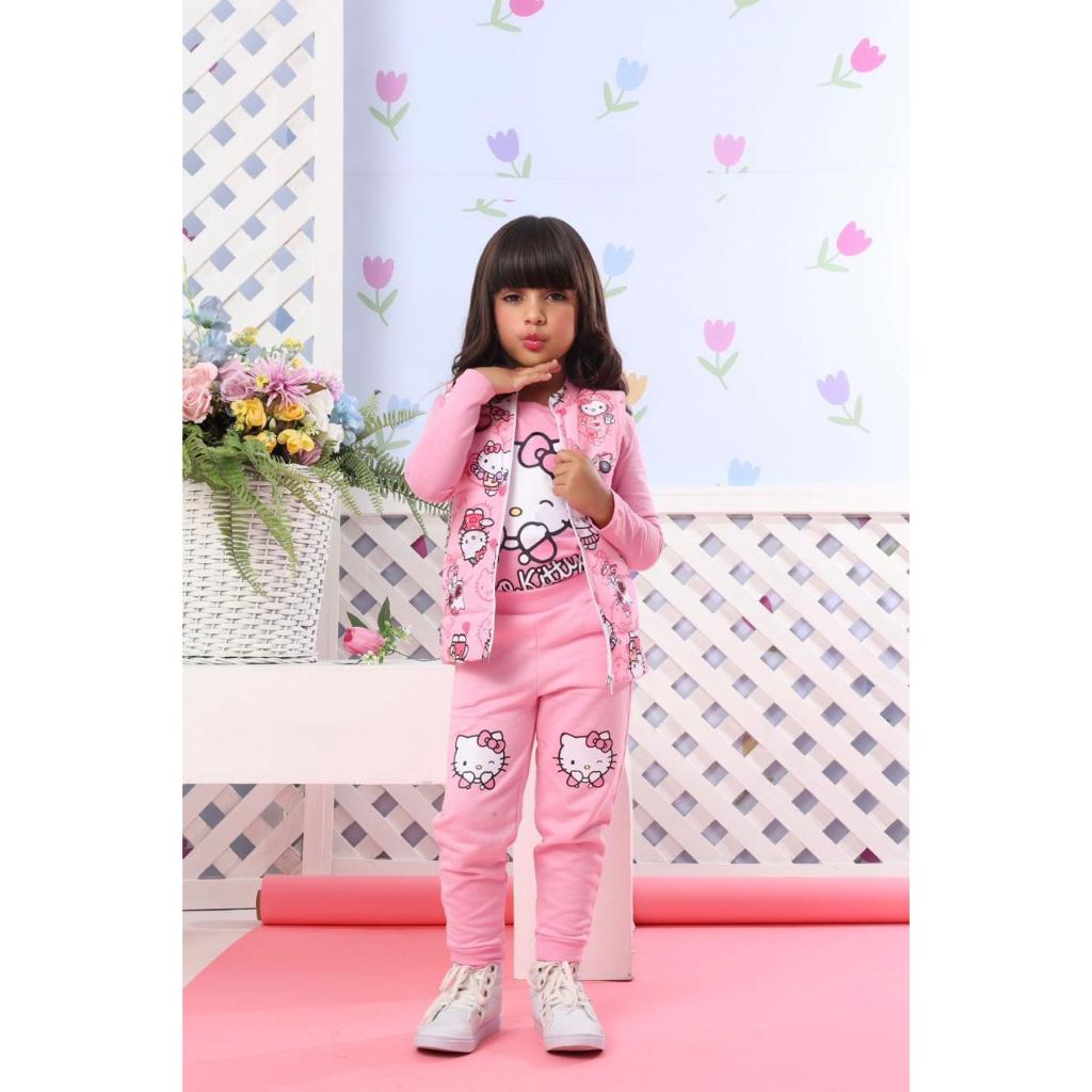 TRIJUNTO INFANTIL FEMININO HELLO KITTY ROSA COM COLETE INVERNO MENINA ROUPA INFANTIL MODA INVERNO 2 A 10 ANOS