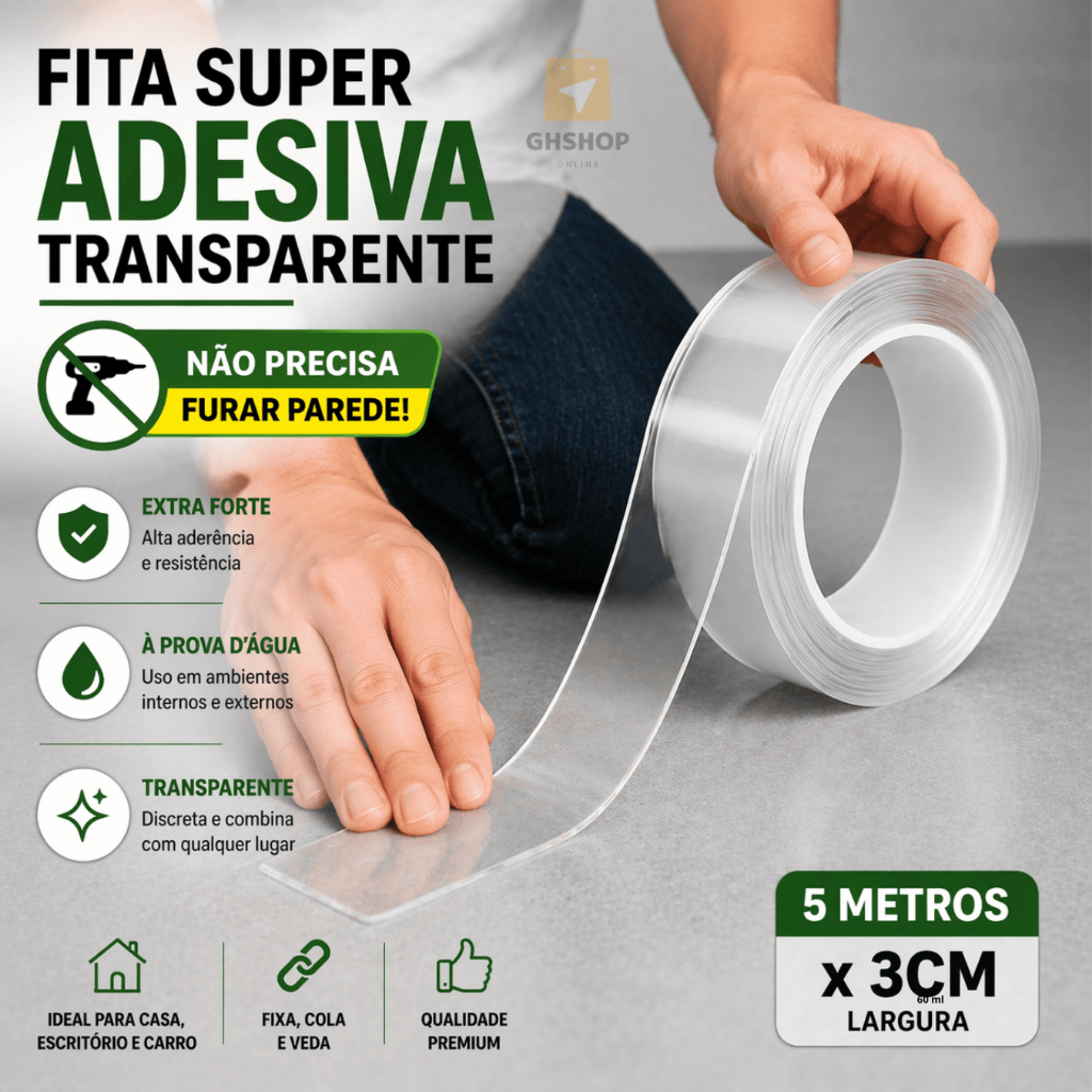Fita Dupla Face Extra Forte NanoGel Silicone Fixa Carpete Tapete Impermeável