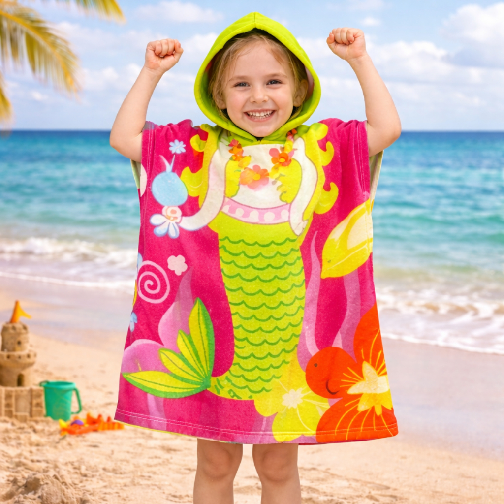 Kit 2 Toalhas Poncho Infantil Com Capuz Roupão Menina Estampado Sereia Praia Piscina