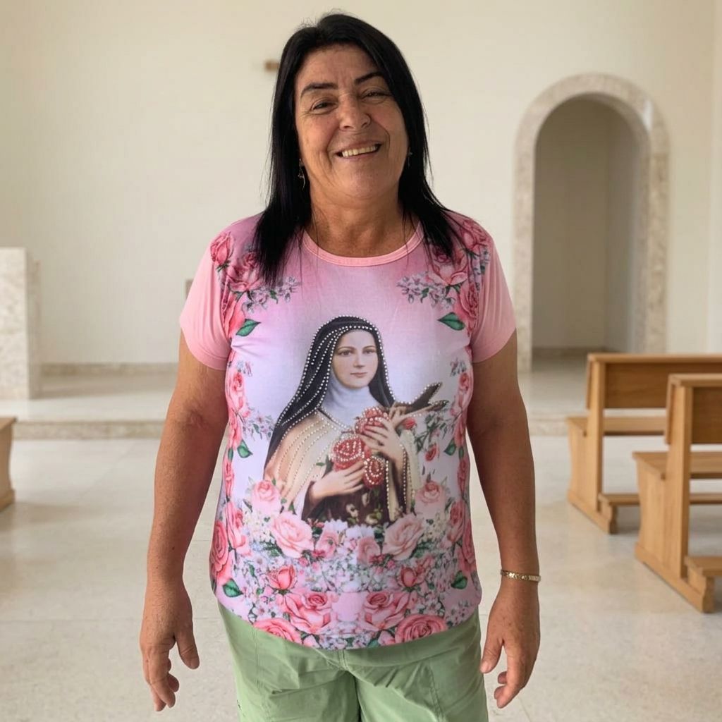 Camiseta Plus Size Feminina Santa Terezinha do Menino Jesus Católico Cor Rosa Santos