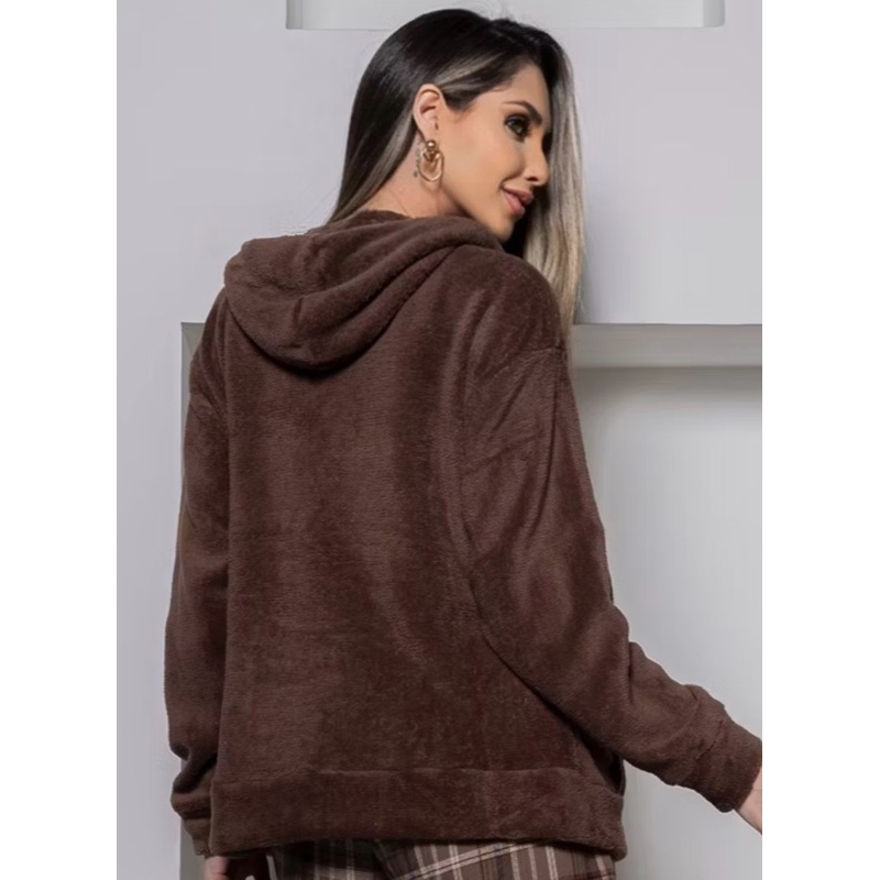 JAQUETA FEMININA DE FRIO COM CAPUZ E ZÍPER CASACO PELINHOS BLUSÃO INVERNO BLUSA