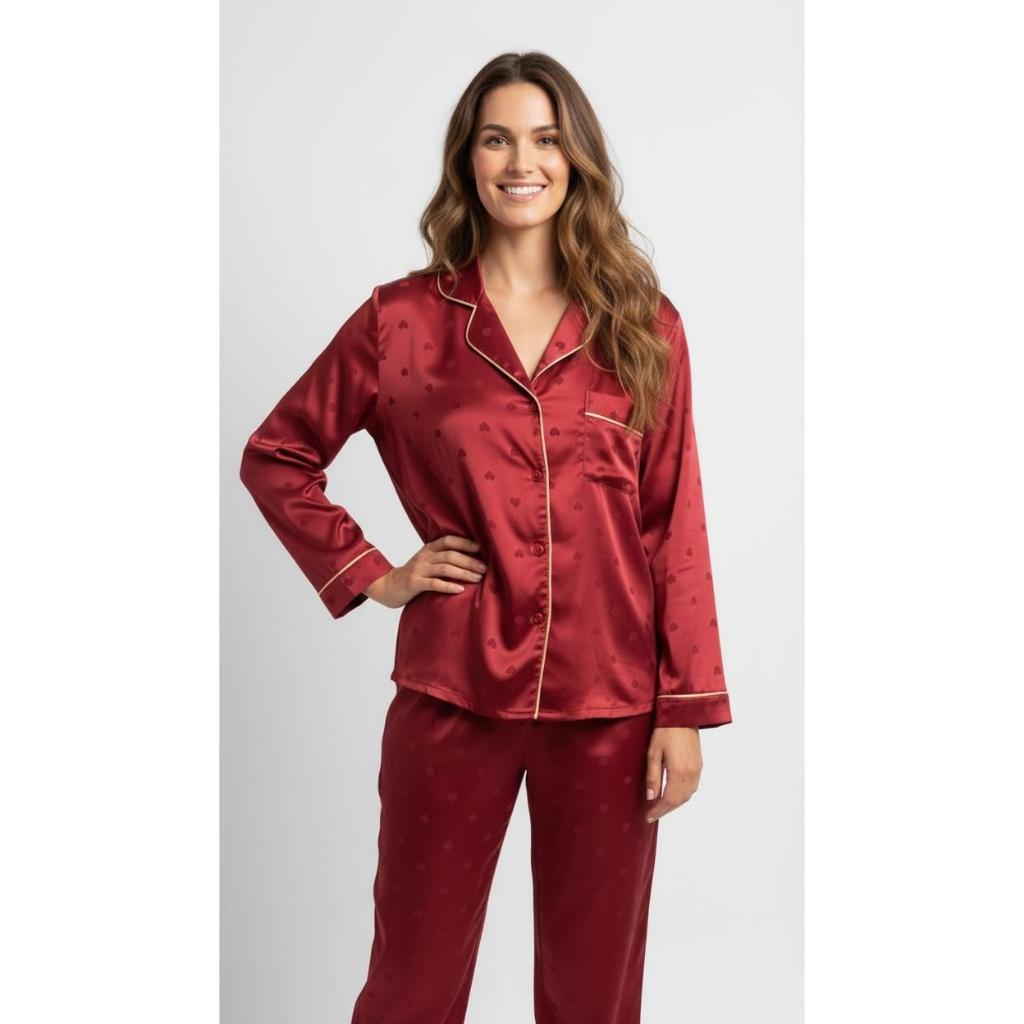 Pijama Manga Longa em cetim premium Vermelho com Corações, pijama americano, conjunto, pós cirúrgico, amamentação.