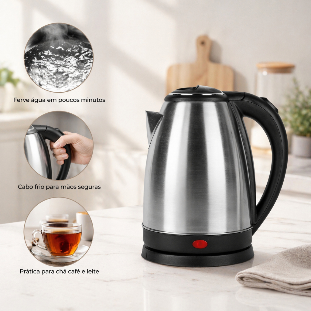 Chaleira Elétrica Inox Base 360 Desligamento Automático Chá Café Bebidas Quentes Cozinha Achadinhos
