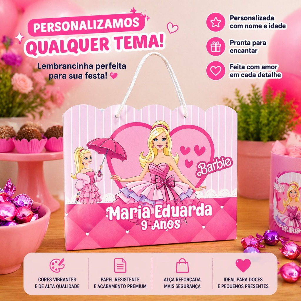 Sacolinha Personalizada Barbie Festa Infantil | Lembrancinha Aniversário Menina | Nome e Idade | Sacola Personalizada