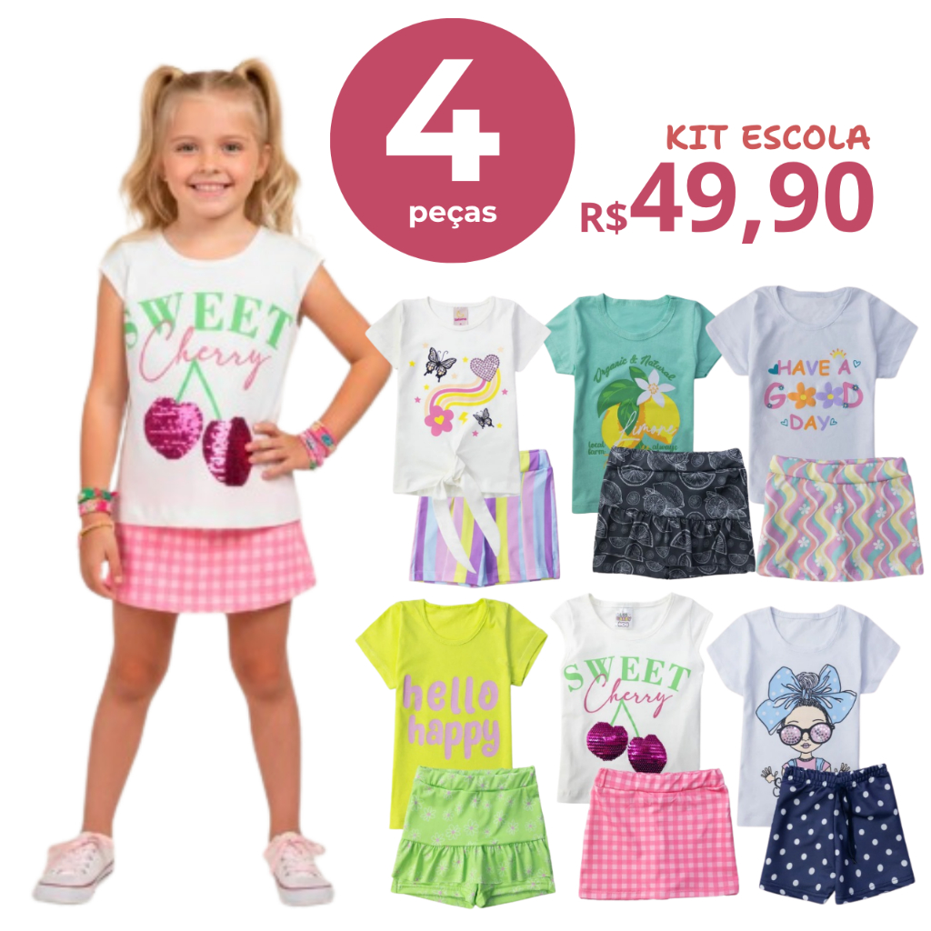 Kit 4 Peças Roupas Infantil Menina Kit Sortido Conjuntos Roupa Infantil Verão Bebê Juvenil Promoção