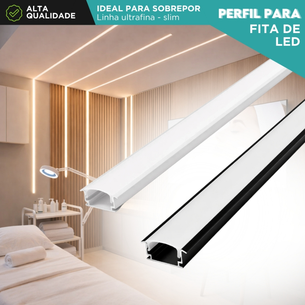Perfil Alumínio LED Embutir 10 Metros Slim Fita Led Teto Gesso Parede Iluminação Decorativa