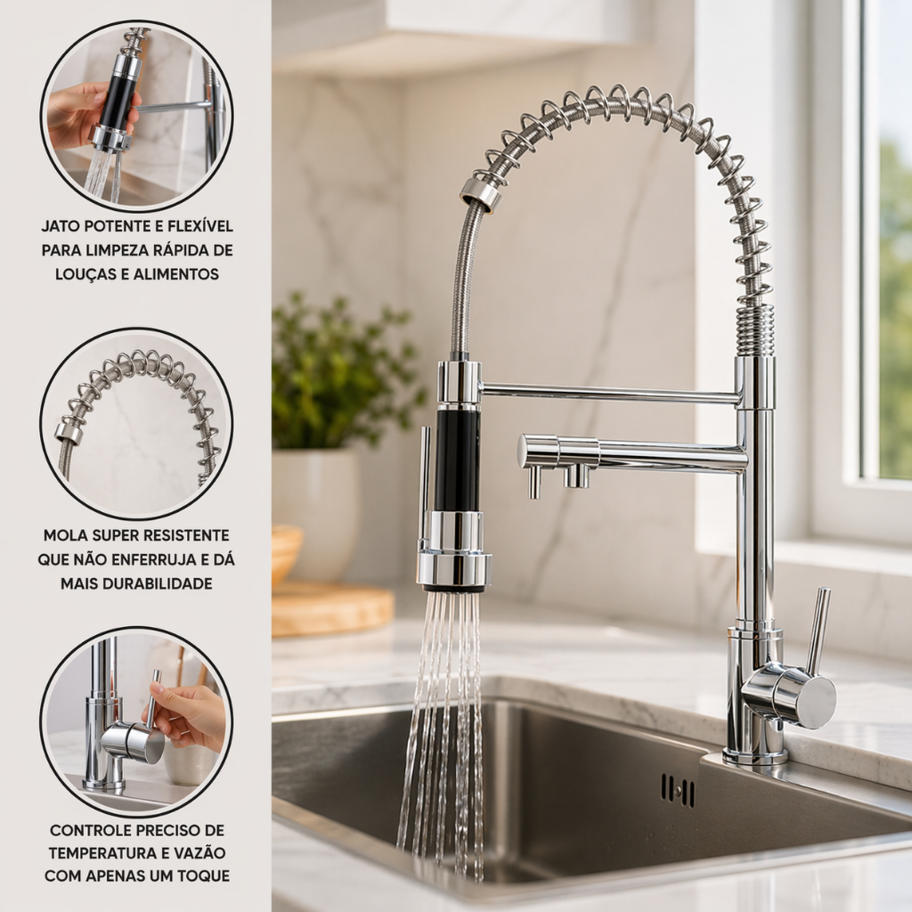 Torneira Mesa Cozinha Inox Luxo Ducha Extensivel Alta Resistência Bica Movel Reparos ou Construção