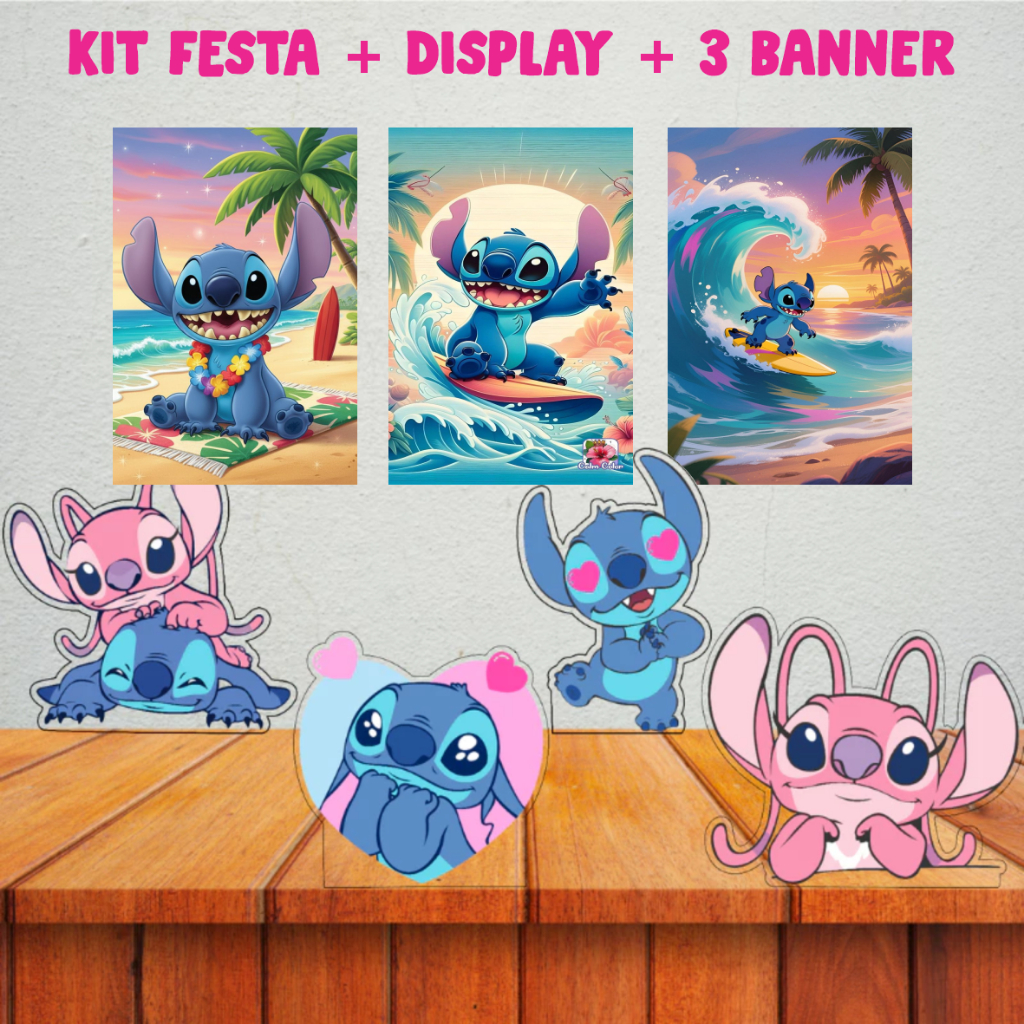 KIT festa Tema Stich Display MDF de mesa - Stich 4 pças 15 CM + 3 Banner