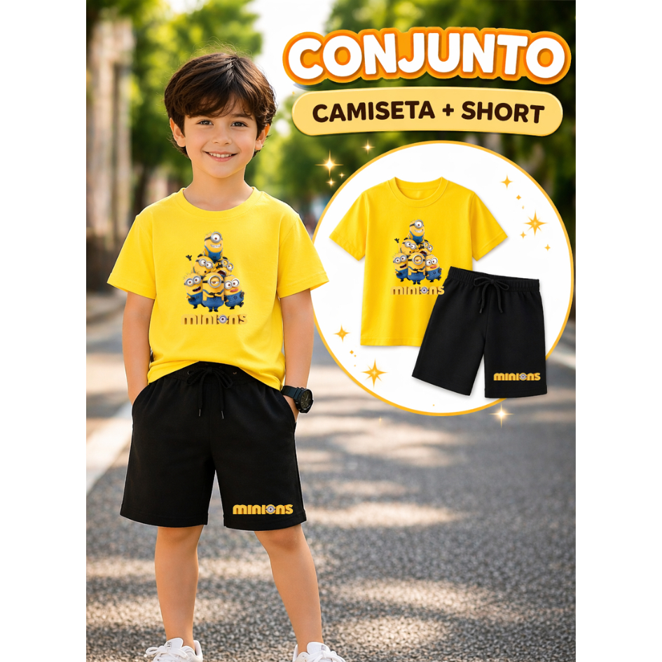 Conjunto Infantil Camiseta e Short Moletinho Minions malvado filme favorito Festa Temática Estampado