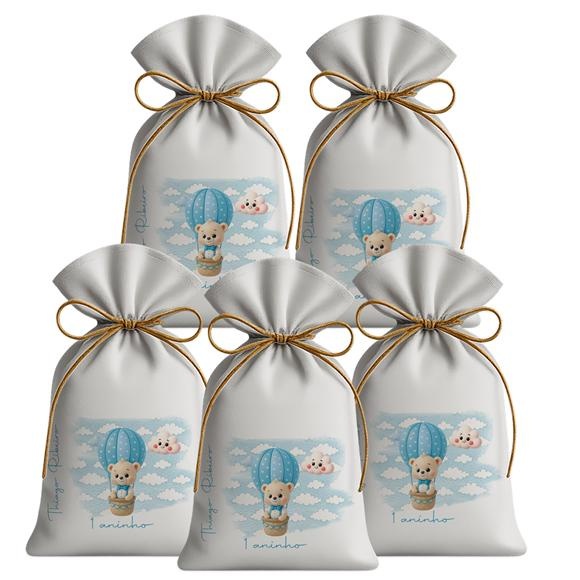 Kit 15 Unidades Saquinhos Festa Aniversário Tecido Personalizado Ursinho Baloeiro Azul M1