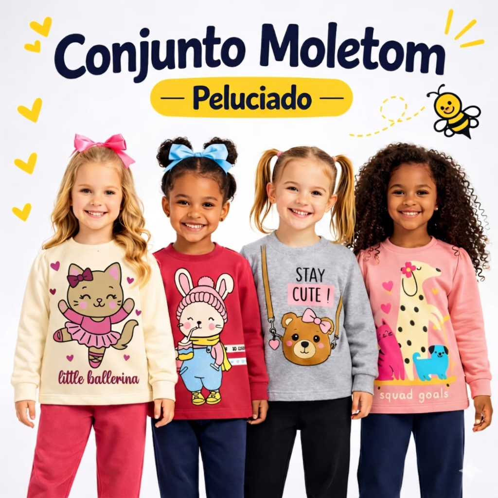 Conjunto Moletom Peluciado Bebê Infantil Menina Manga Bufante – Quentinho e Confortável