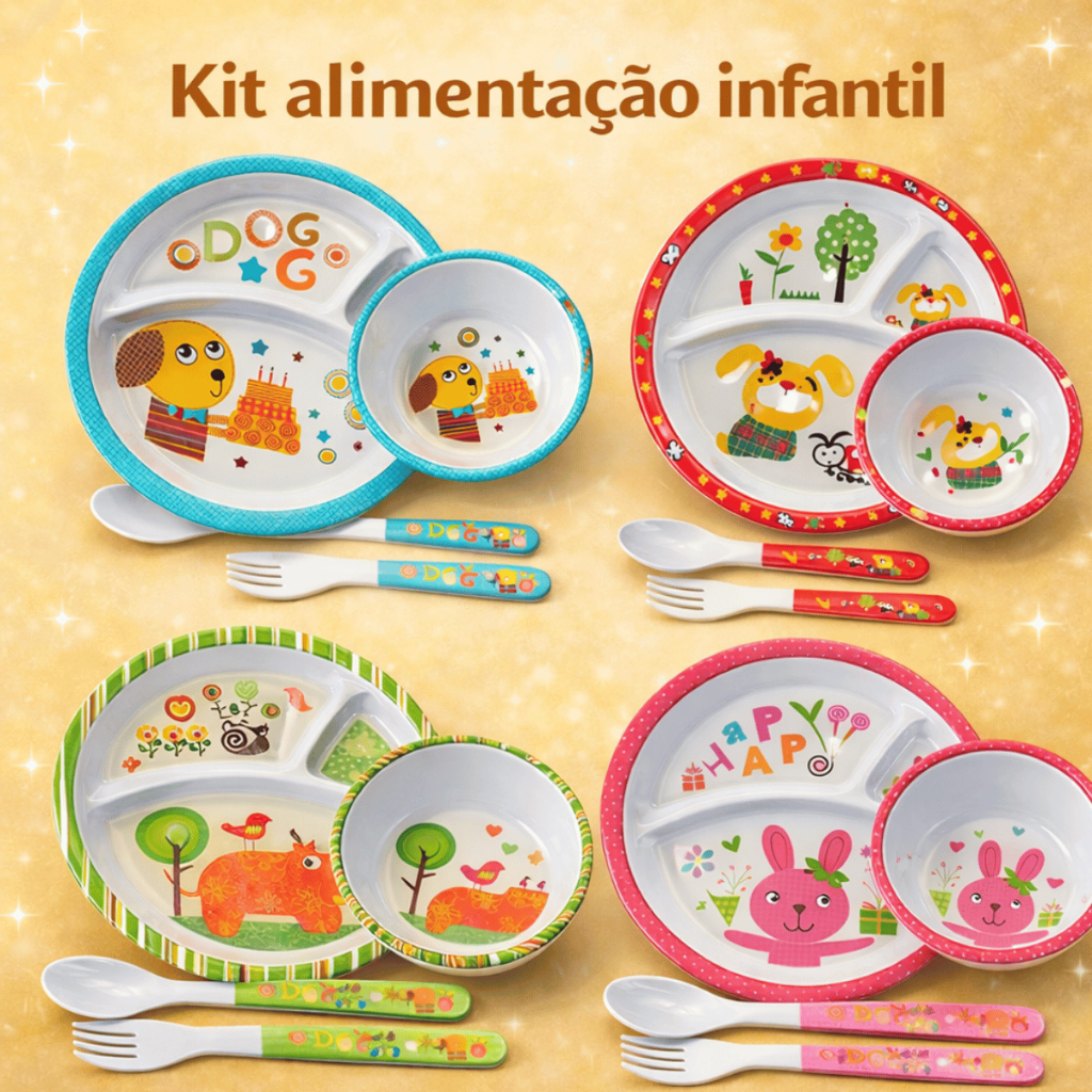 Kit Refeição Infantil Prato Com Divisórias P/ Papinha Bebê Pratinho E Babador Jogo Alimentação