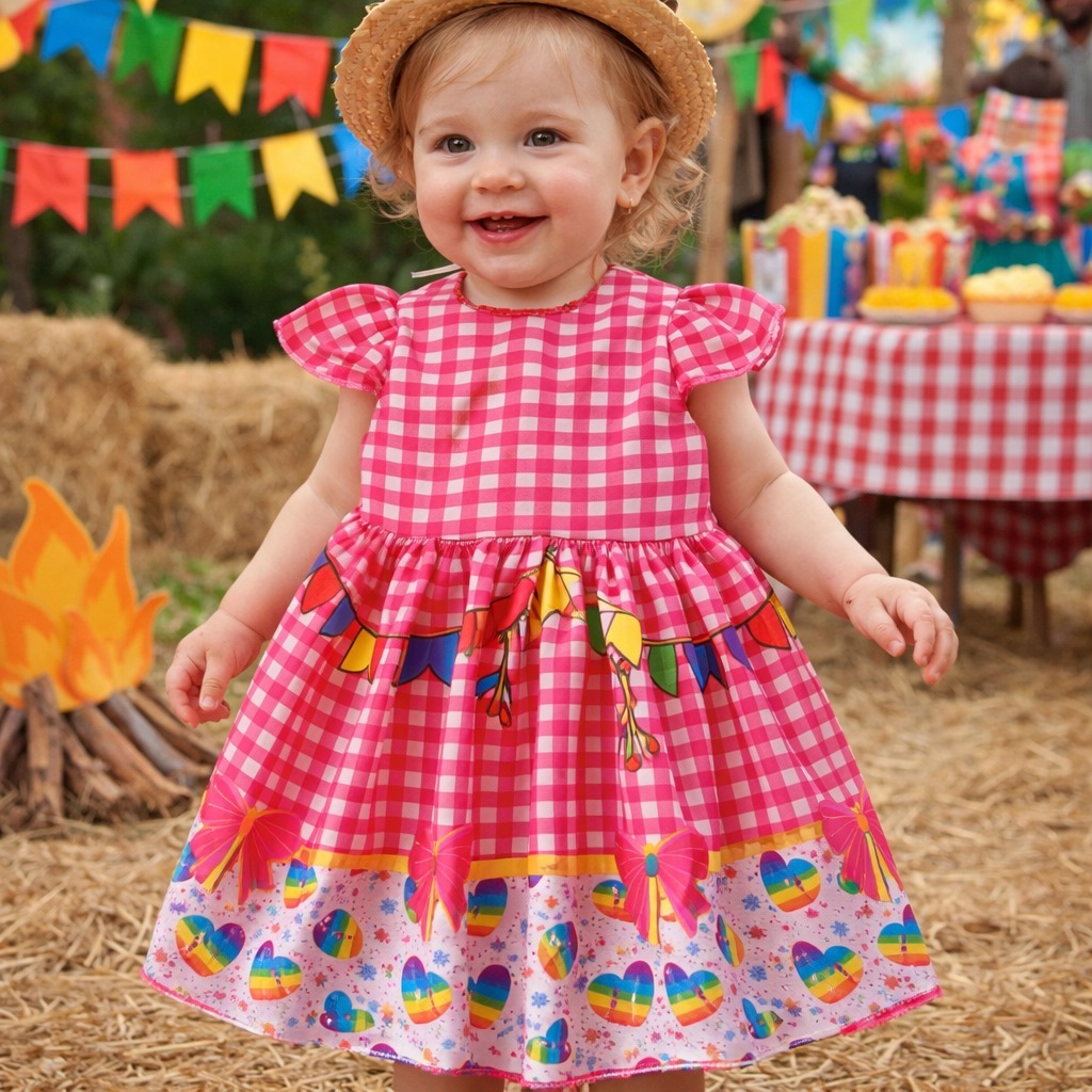 Vestido Festa Junina Infantil Rosa Xadrez Laços Menina