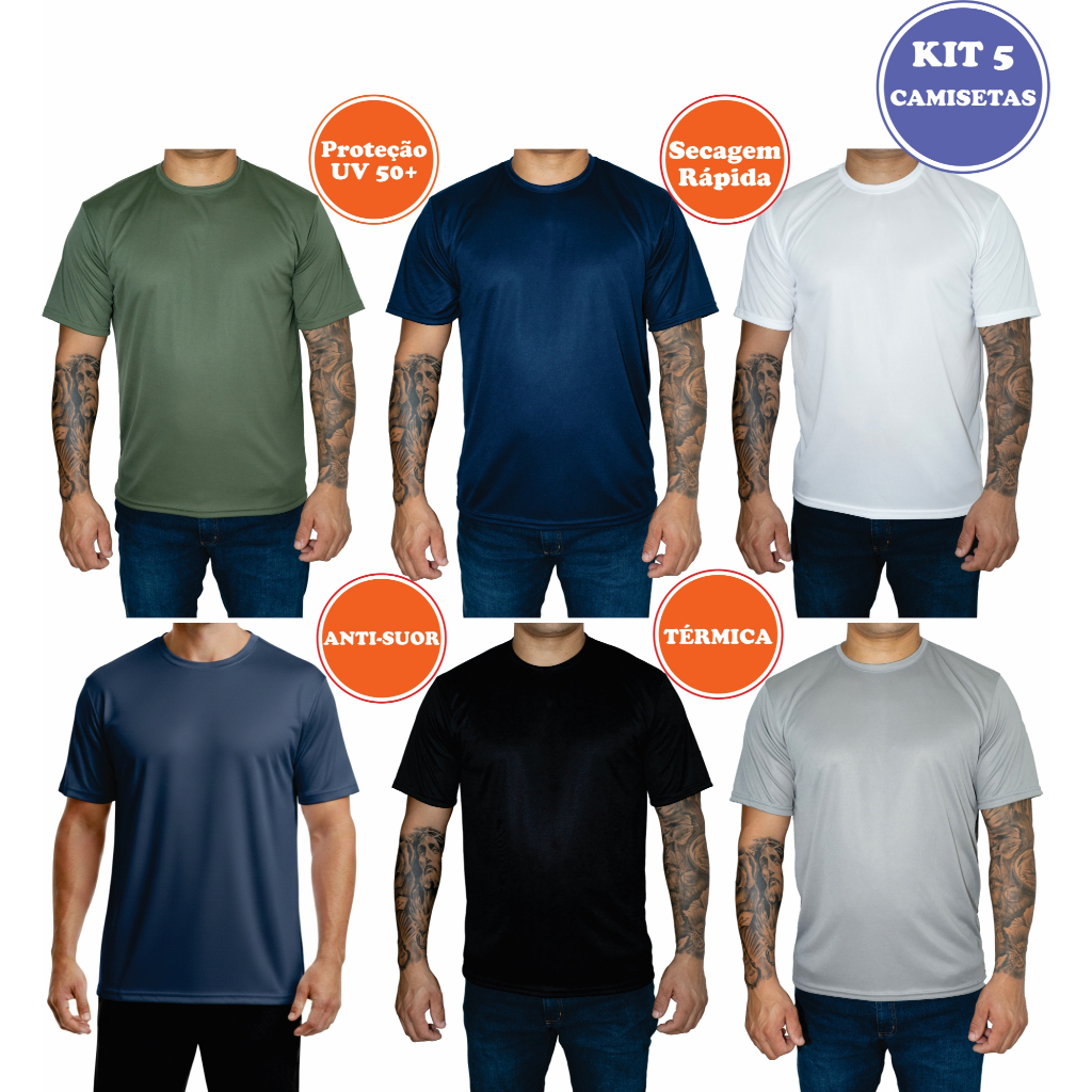 Kit 5 Camiseta Masculina Poliéster Básica Lisa Não Amassa Secagem Rápida Uniforme Dia a Dia Academia