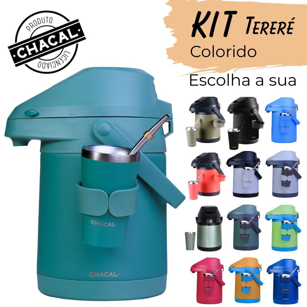 Kit Tereré, Garrafa Térmica Inox 2.5L Chacal, Copo (Cuia), Bomba e Escova - Escolha sua Cor
