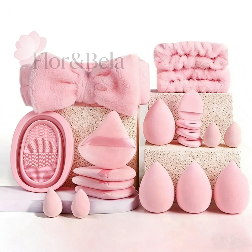 Conjunto de 20 Esponjas de Maquiagem Profissionais e Limpador de Silicone