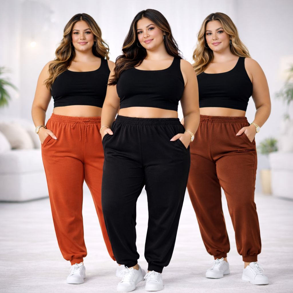 Calça Jogger Plus Size Feminina Moletinho Cintura Alta com Bolsos Confortável Casual Dia  Moletom