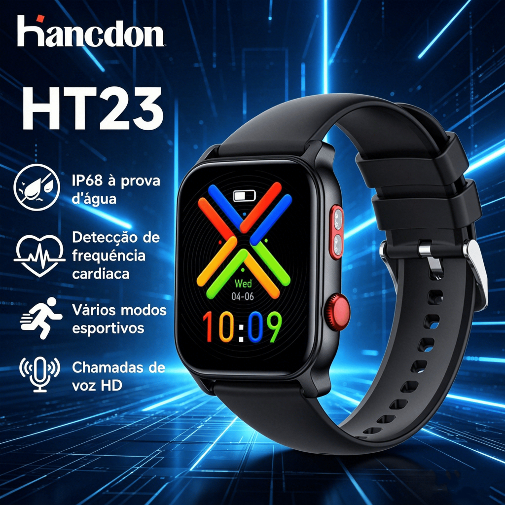 Relógio inteligente HT23 – Relógio esportivo com monitor de frequência cardíaca, Bluetooth e Wi-Fi