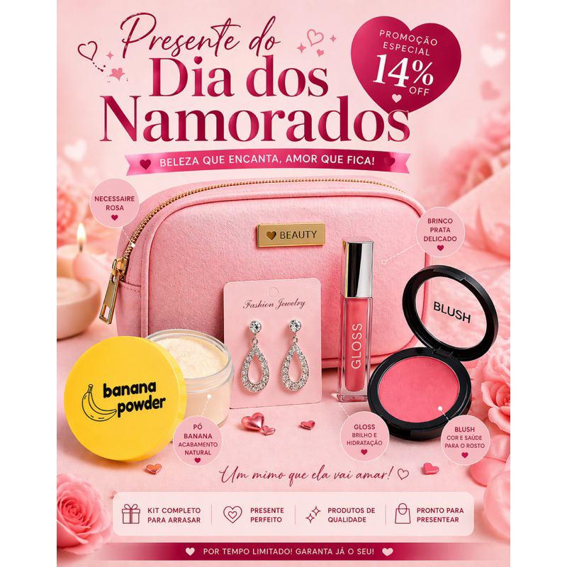 Promoção Kit Presente Dia dos Namorados Feminino | Necessaire + Maquiagem Completa + Brinco + Gloss + Blush Oferta