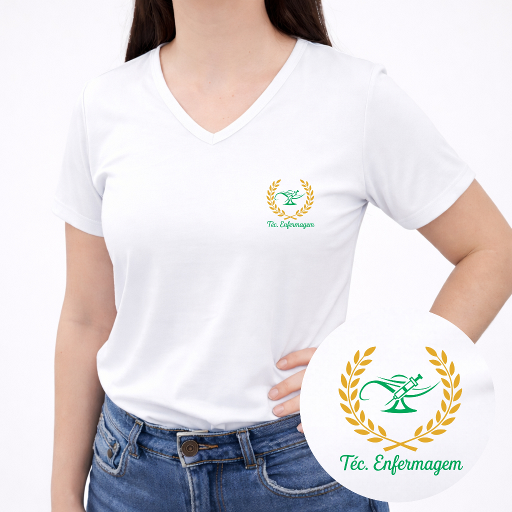 Camiseta Baby Look Feminina Técnica de Enfermagem Estampada | Gola V Poliviscose Confortável | Estampa Profissão Saúde