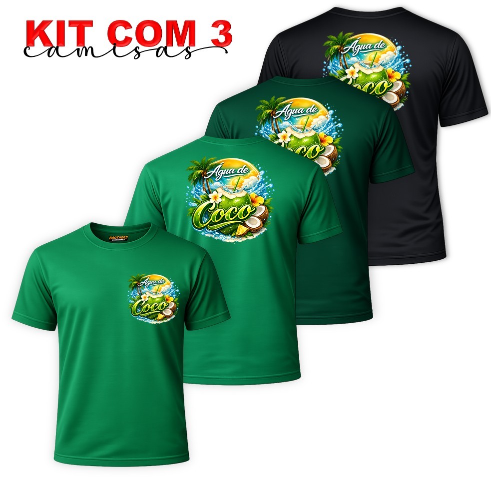 KIT COM 3 Camisas Camisetas Masculinas Uniforme Profissional ÁGUA DE COCO Vendedor Autônomo Verão Praia Básica Dry Fit
