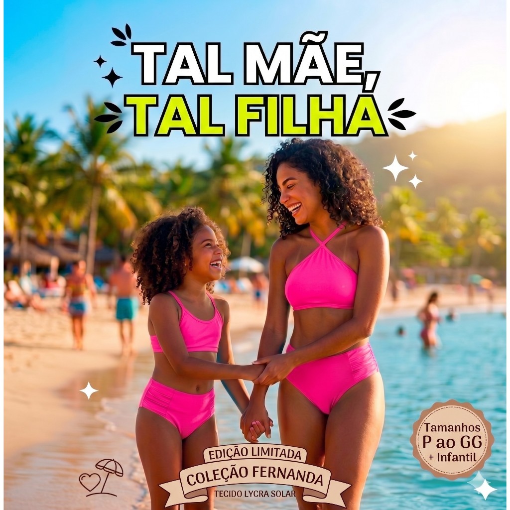 Biquíni Mãe e Filha Tal Mãe Tal Filha Moda Praia Feminino e Infantil UV50+ Confortável Forrado Bojo Verão Neon Fernanda