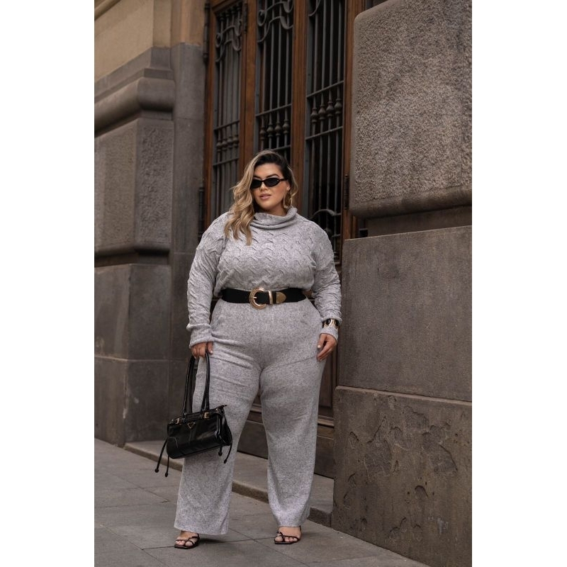Conjunto plus size de inverno mousse de tricô blusa + calça de trico